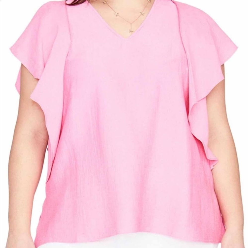 Rachel Roy Plus Size Flutter Sleeve Top Ruffles V Neck Coquette Pink Size 2X